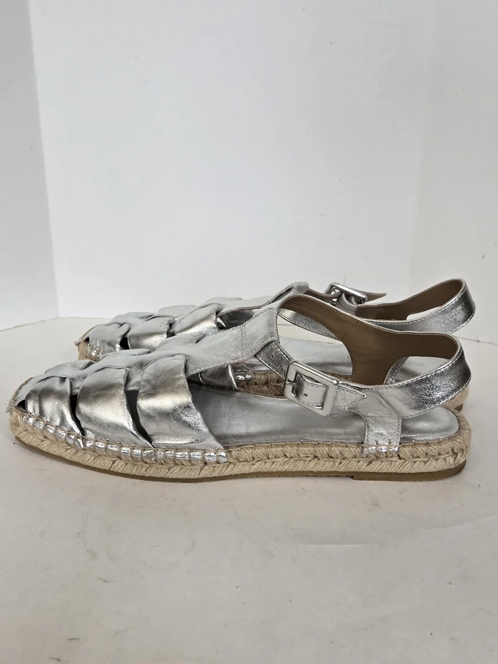 Bernardo Silver Woven Espadrille Sandals with Ankle Strap Fisherman Style